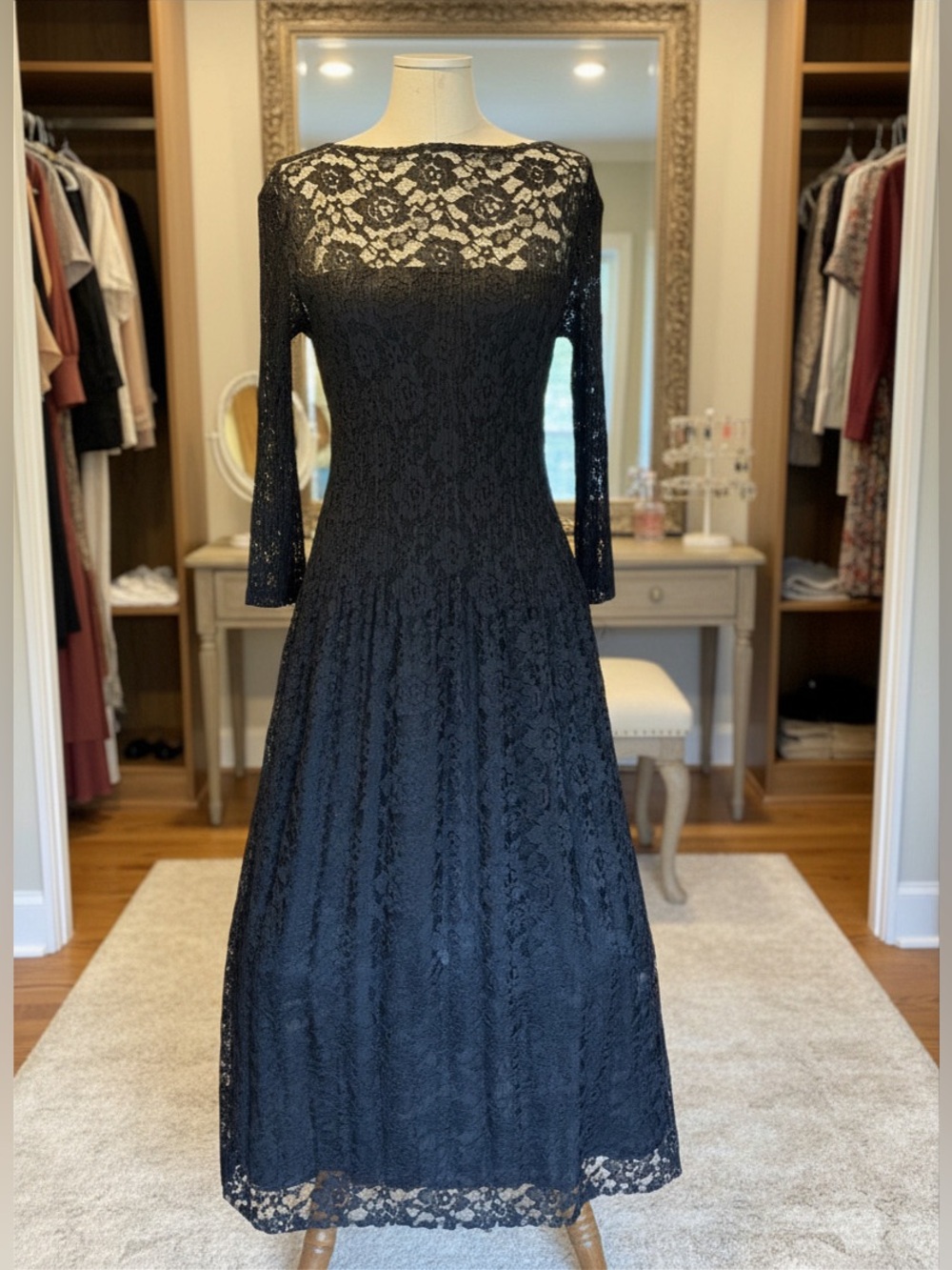Veeca Black Lace‎ Midi Dress L Illusion Neckline Romantic Coquette Glam